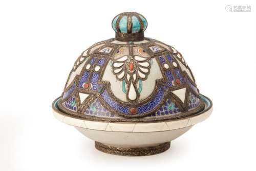 A LARGE METAL-MOUNTED MOROCCAN LIDDED DISH