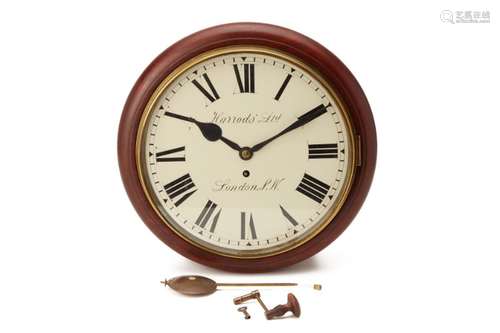 A LATE VICTORIAN MAHOGANY WALL CLOCK SIGNED HARRODS