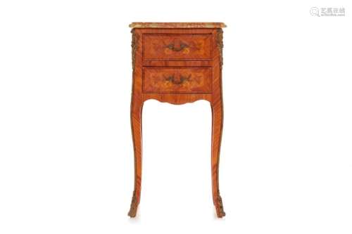 A FRENCH GILT-METAL MOUNTED MARBLE TOP PARQUETRY SIDE TABLE
