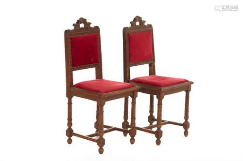 A PAIR OF FRENCH OAK AND RED VELVET SIDE CHAIRS