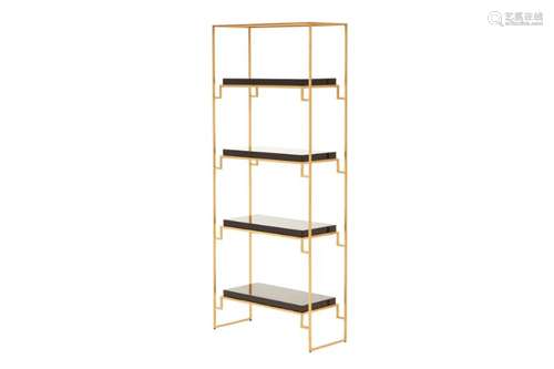 A PAIR OF GLOSSY BLACK RESIN & GILT METAL SHELVES