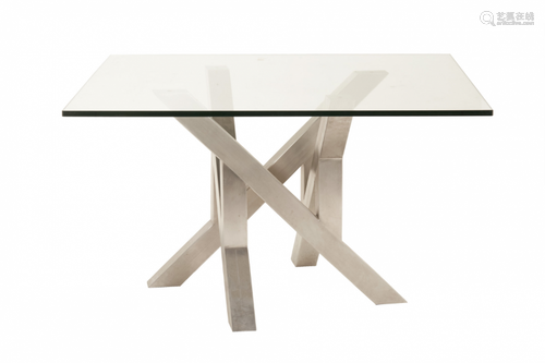 A SQUARE STAINLESS STEEL DINING TABLE WITH GLASS TOP