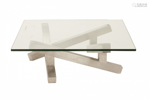 A SQUARE STAINLESS STEEL COFFEE TABLE WITH GLASS TOP