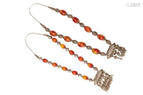 TWO BEDOUIN WHITE METAL AND AMBER COLOURED BEAD NECKLACES
