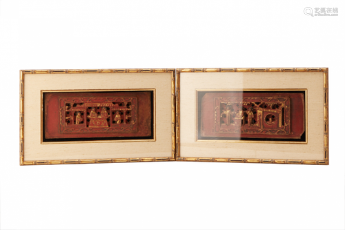 A PAIR OF FRAMED CARVED & GILT CHINESE DOOR PANELS