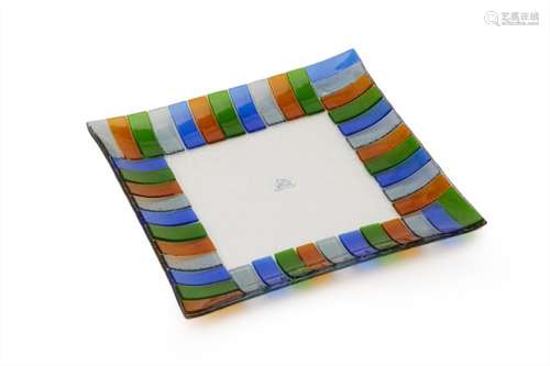 AN ITALIAN COLOURED GLASS SQUARE DISH