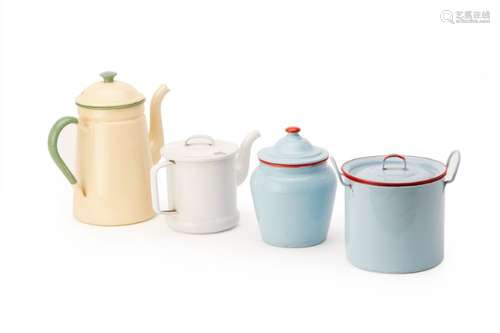 A GROUP OF COLOURED ENAMEL POTS