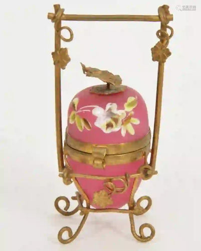 French Pink Opaline Egg Gilt Frame Trinket Box