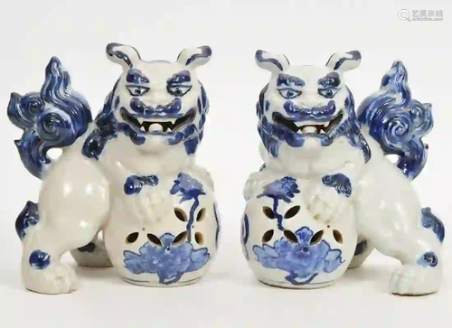 Chinese Blue & White Signed Porcelain Foo Dogs