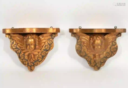 Pair of Early 20th C. Gilt Carved Putti Shelves