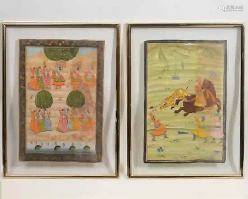 Indian Mughal Paintings on Silk Glass Framed