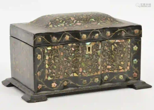 English Paper Mache Mother of Pearl Tea Caddy