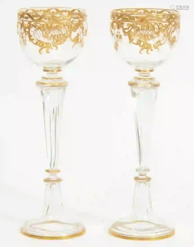 Pair of Bohemian Gilt Wine Goblets Attrib. Moser