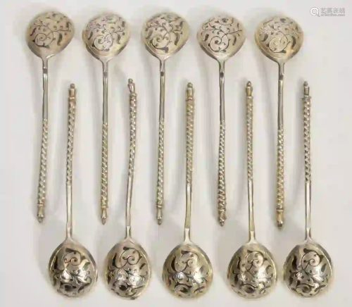 10 Russian Niello Silver Demitasse Spoons