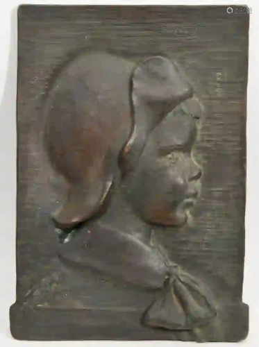 1914 European Bronze Plaque Boy & Bird