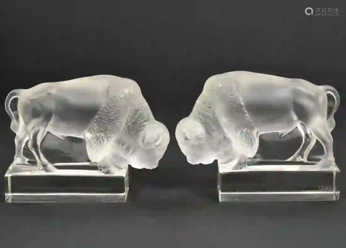 Pair of Lalique Buffalo Paperweights