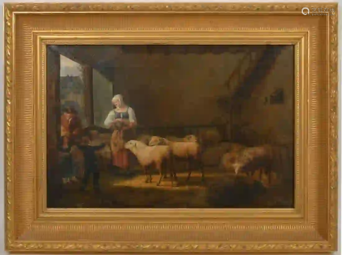 19th C. English School Oil on Canvas Maiden & Lamb