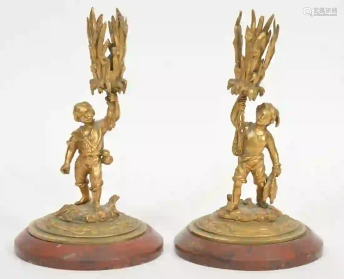 Pair of 19th C. European Bronze Boys Candleholders