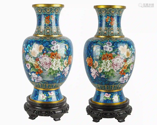 PAIR OF CLOISONNE TEMPLE VASES