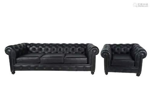 CHESTERFIELD STYLE LEATHER SOFA & CLUB CHAIR