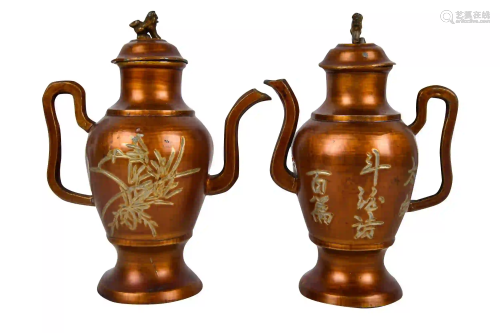 PAIR OF CHINESE LACQUERED PEWTER WINE PITCHERS