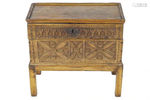 RUSTIC CARVED WOOD CHEST ON STAND