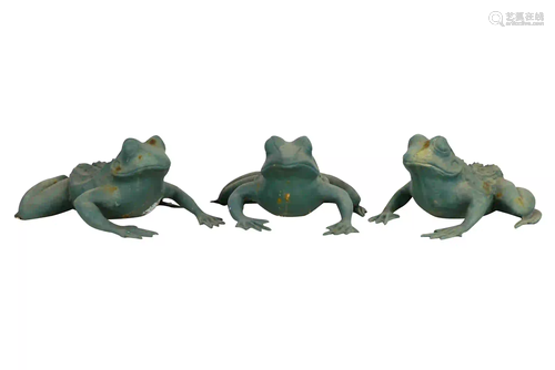 THREE PAINTED IRON FROGS