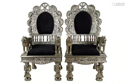 PAIR HAMMERED METAL & PAINTED WOOD THRONE CHAIRS