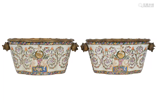 PAIR OF GEORGIAN STYLE METAL MOUNTED PORCELAIN POTS