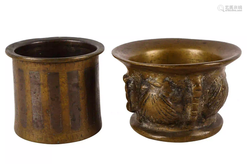 TWO BRONZE MORTARS