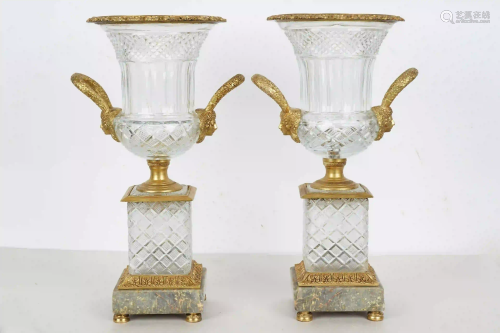 PAIR OF BACCARAT STYLE CUT CRYSTAL & METAL-MOUNTED URNS