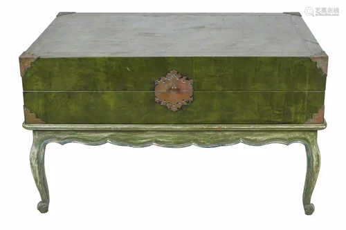 GREEN LEATHER TRUNK ON PAINTED WOOD STAND