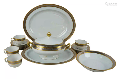 ASSEMBLED GILT & SILVER RIM PORCELAIN SERVICE