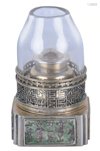 CHINESE ENAMEL DECORATED PAKTONG OPIUM LAMP