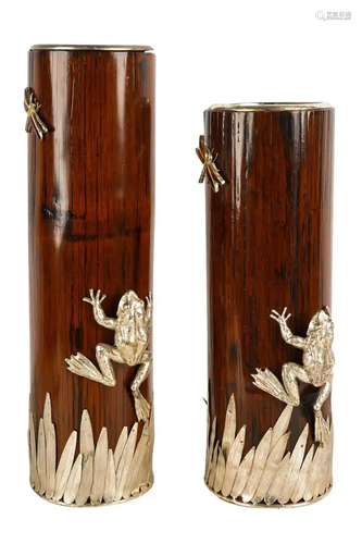 PAIR JAPANESE SILVER-MOUNTED BAMBOO VASES