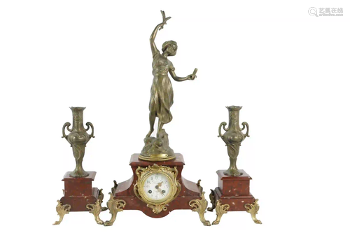 FRENCH STYLE ROUGE MARBLE & METAL CLOCK GARNITURE