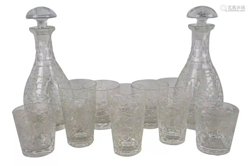 SET OF THARAUD DESIGNS ETCHED GLASSWARE