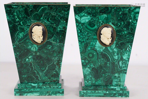 PAIR OF MALACHITE SQUARE PLANTERS