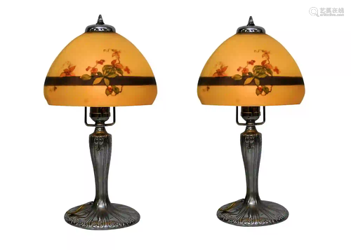 PAIR OF HANDEL HOLLY BERRY SILVERED BOUDOIR LAMPS