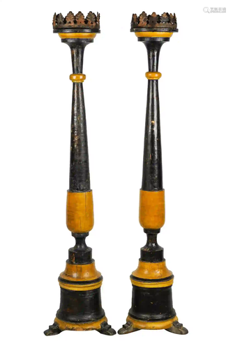 PAIR OF POLYCHROME FLOOR TORCHIERE PRICKET STICKS