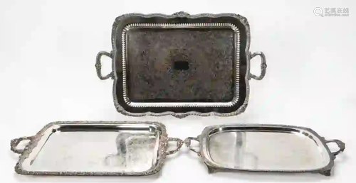 3 PCS, SILVERPLATE HANDLED & FOOTED SERVING TRAYS