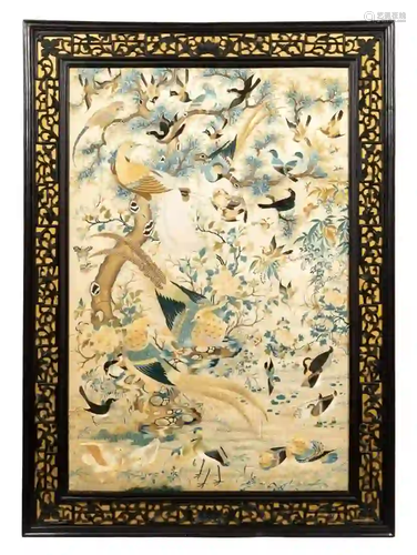 CHINESE EMBROIDERY OF BIRDS & BLOOMING TREE SCENE