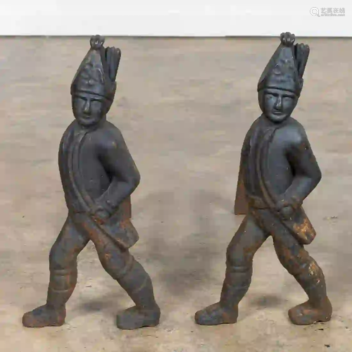 PAIR, CAST IRON HESSIAN SOLDIER ANDIRONS