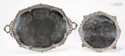 2 PCS, ENGLISH SILVERPLATE FOOTED SERVING TRAYS