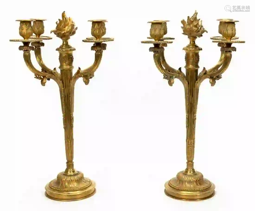 PAIR, GILT BRONZE LOUIS XVI FOUR LIGHT CANDELABRA