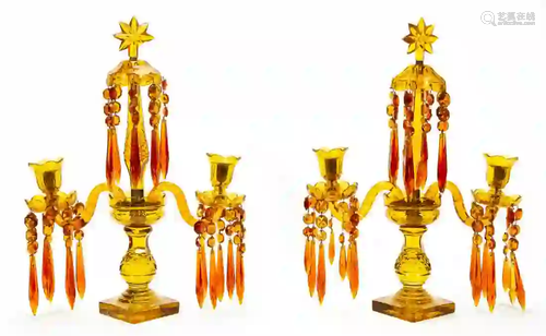 PAIR, 19TH C AMBER TWO LIGHT GIRANDOLES