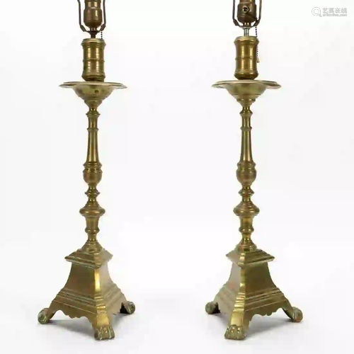 PAIR, HEAVY BRASS CANDLESTICK LAMPS