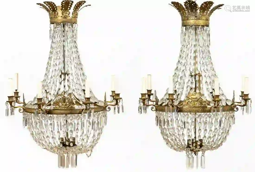 PR. EMPIRE STYLE GILT & CRYSTAL BASKET CHANDELIERS