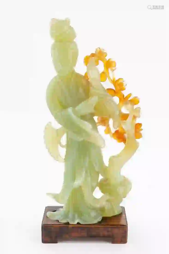 CHINESE JADE QUANYIN FIGURE ON WOOD STAND