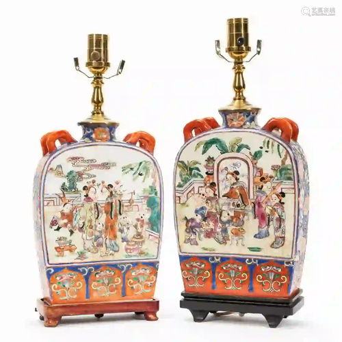 PAIR, CHINESE PORCELAIN TABLE LAMPS FIGURAL SCENE